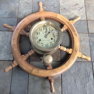 Vintage Brass Ship Wheel Clock - Brown & Gold Nautical Wall Decor Post WWII